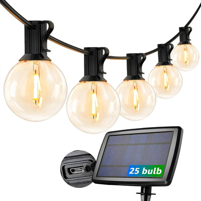 Lepro ソーラー LEDストリングライト 防雨 USB充電式 25ft 25球 G40 屋内/屋外 エジソン風 カフェ 庭 ガーデン ウェディング用 誕生日 パーティー電飾 祭り 商店街