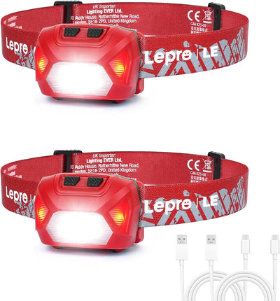 Lepro ヘッドライト 充電式 USB-C 高輝度300ルーメン LED ヘッドランプ 2個セット 【スポット・ワイドビーム切替/赤色サブライト搭載/実用点灯4~15時間/IPX4防水】 夜釣り 最適 登山 キャンプ 散歩 作業 釣り アウトドア 災害 停電用 小型 軽量(レッド)