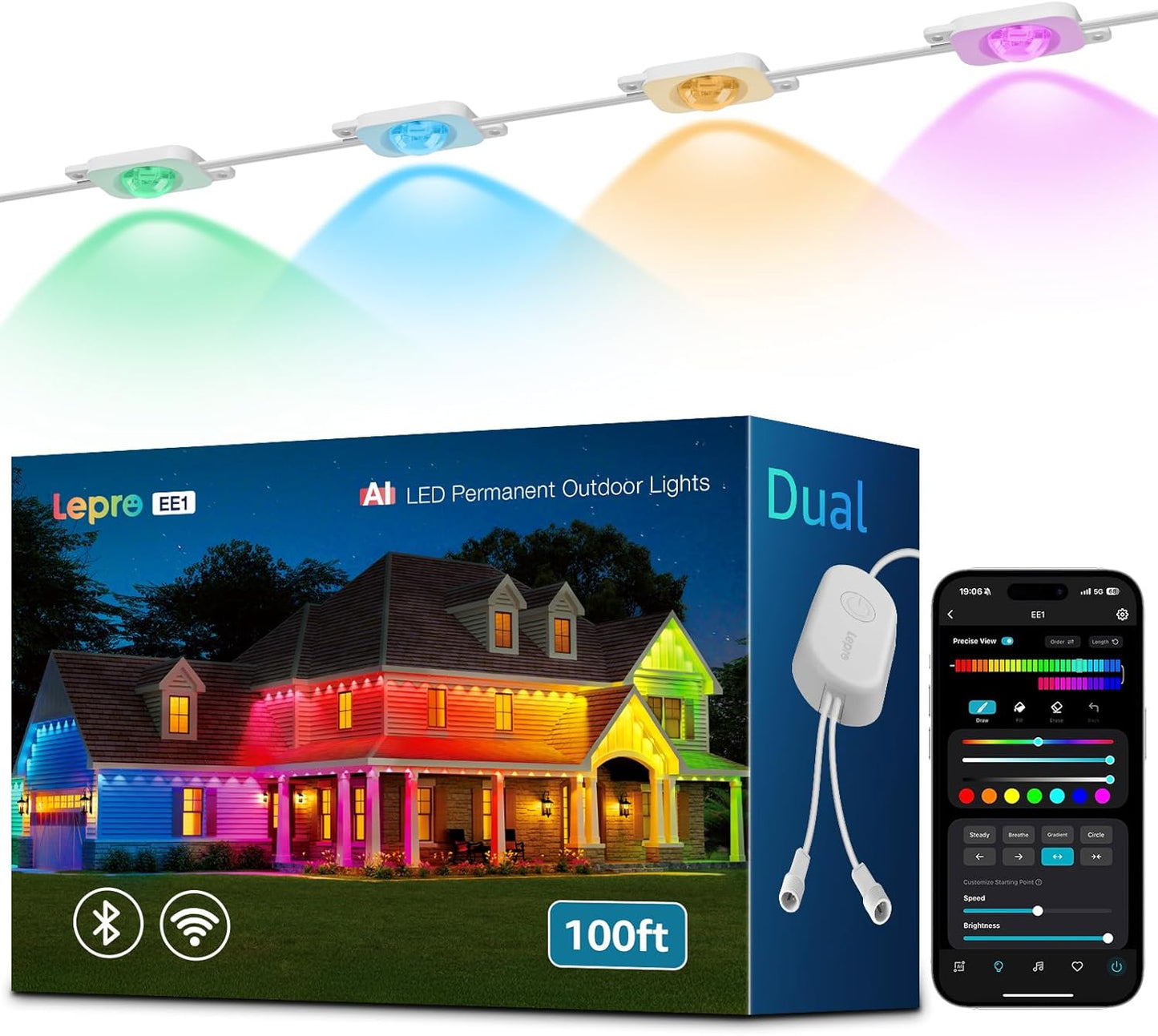 Lepro EE1 AI ストリングライト LED イルミネーション スポットライト 防水 60灯 30m RGB DIY 常設型 IP65 家の外壁・軒下・フェンス・庭・クリスマス飾り APP操作 室内 虹色 各ライト20lm 流れるテープ Alexa&Google Home音声操作可能 WIFI&Bluetooth接続 リモコンなし/2.4GHz WiFi接続 「Leproアプリ登録要」