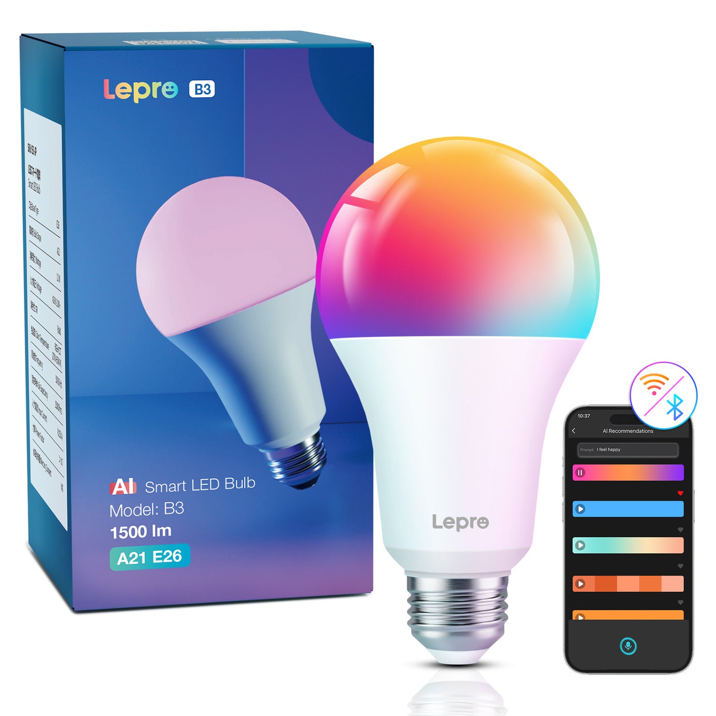 【100W形】Lepro AI スマート電球 B3 Wi-Fiライト LED E26 AI照明デザイナー 【1500lm超明るい/調光調色/12W省エネ/電球色・昼白色・昼光色・虹色・RGBCCT マルチカラー 1600万色】 Google Home/Alexa対応 音楽同期 間接照明