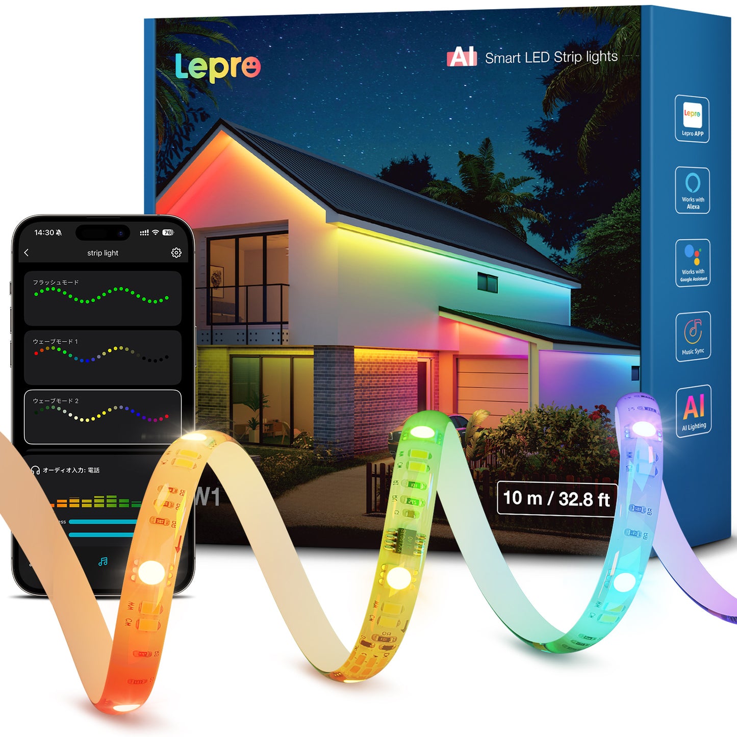 Lepro SW1 LEDテープライト 防水 屋内外 RGBCW＋IC 流れる光 29V プロ仕様 1600万色+電球色+昼白色 AI自動生成 WiFi/Alexa対応 音楽同期 3M社製 9495LE超強力粘着 10mm幅 25μm厚銅基板 PSE認証 高耐久 取付簡単 庭/店舗/看板/装飾【Leproアプリ アカウント登録要】