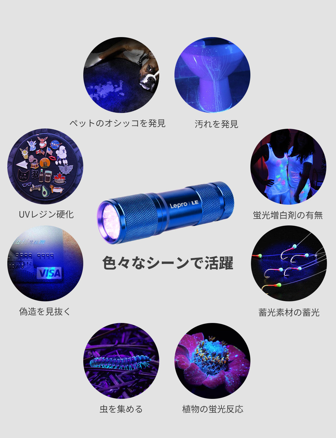 Lepro ブラックライト led uvライト レジン用 硬化 紫外線ライト 釣り IPX4防水 単4形電池付属 (ブルー)