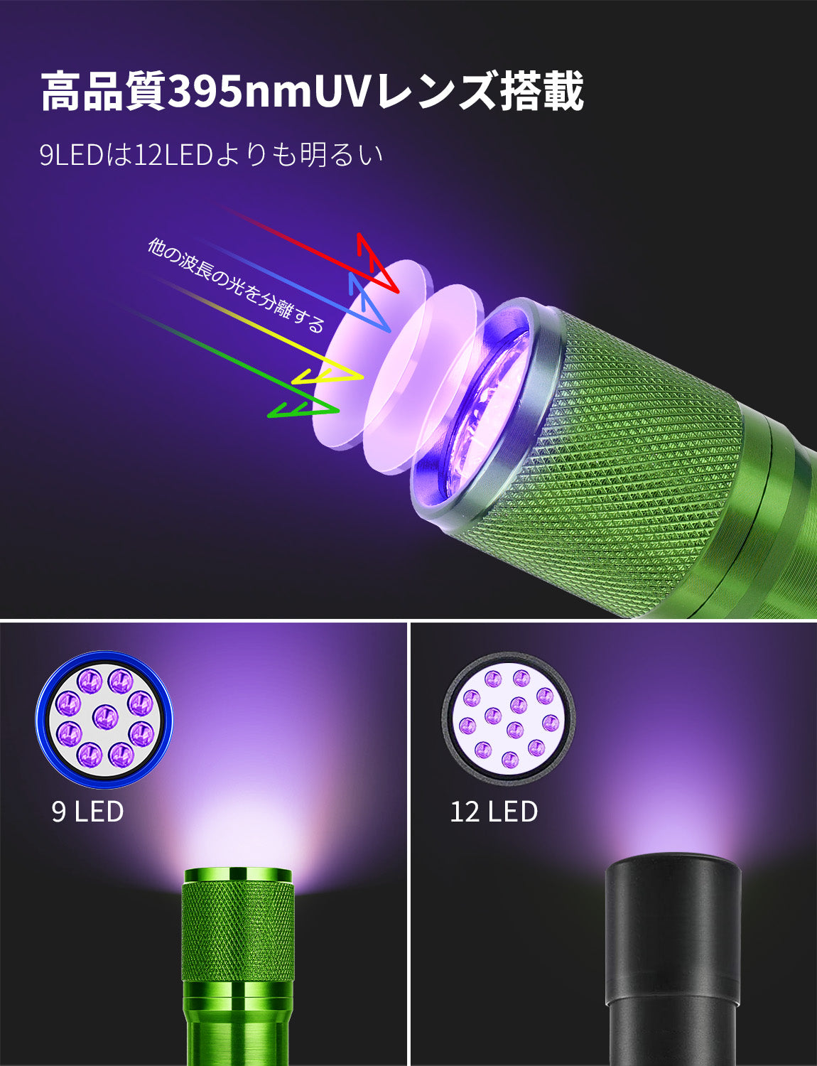 Lepro ブラックライト led uvライト レジン用 硬化 紫外線 釣り IPX4防水 アルミ製 高耐久 ハンディ uvレジン 懐中電灯 単4形電池付属 ペットのオシッコ汚れ対策に 62g超軽量 (グリーン)