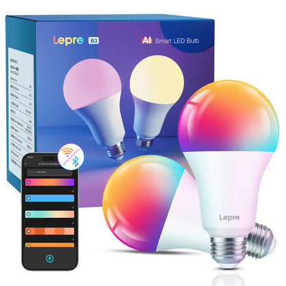 【100W形】Lepro AI スマート電球 B3 Wi-Fiライト LED E26 AI照明デザイナー 【1500lm超明るい/調光調色/12W省エネ/電球色・昼白色・昼光色・虹色・RGBCCT マルチカラー 1600万色】 Google Home/Alexa対応 音楽同期 間接照明