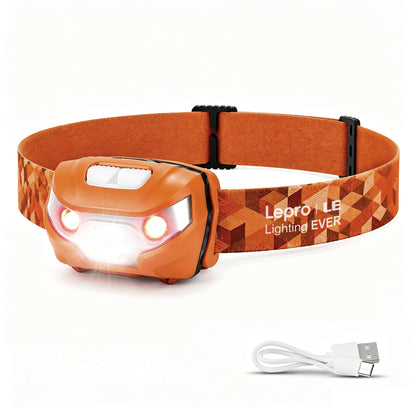 Lepro ヘッドライト 充電式 300lm高輝度 ledヘッドライト 釣り ヘッドランプ USB-C充電 登山 白＆赤 ledライト【5つ点灯モード/3時間満充電/実用点灯37時間】 防水 照射角度調整可 軽量 キャンプ 散歩 アウトドア 災害 停電用 （オレンジ）