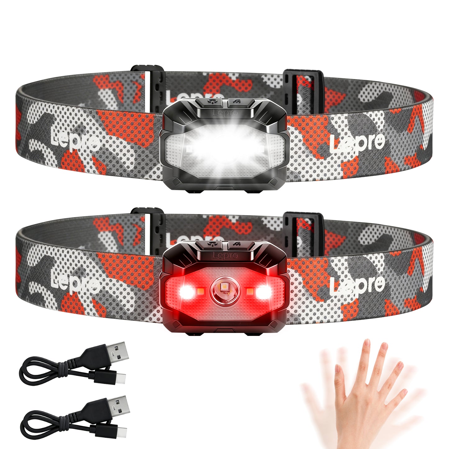 Lepro ヘッドライト 充電式/乾電池式 led ヘッドランプ センサー付き ledヘッドライト 防水 釣り ライト 登山 【ハイブリッドタイプ/450lm高輝度/10つ点灯モード/最大30時間点灯/IPX4防水/90°角度調整可/軽量/スポット・ワイド切替/USB-C充電】専用充電池付属/単4形電池3本 (別売り) 明るい ヘッド・ライト ヘルメット 停電 防災 作業 散歩