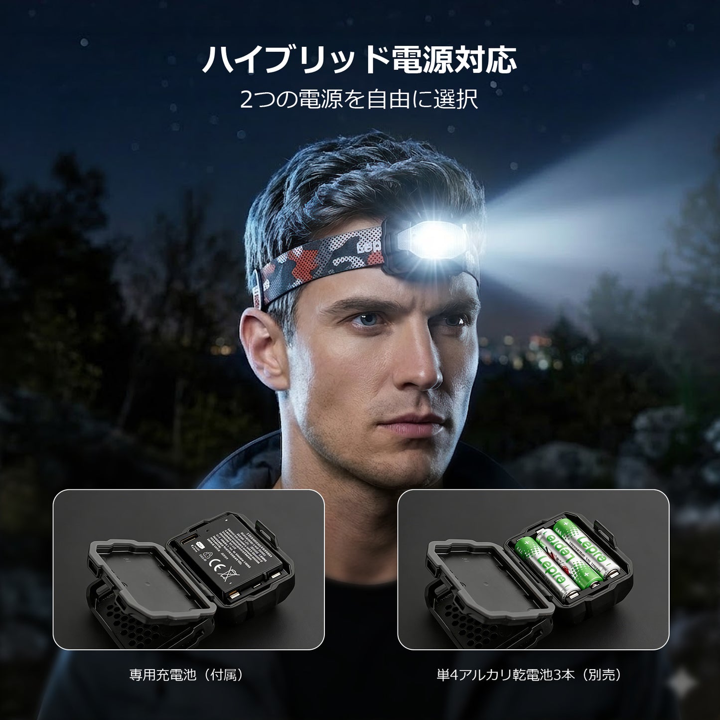 Lepro ヘッドライト 充電式/乾電池式 led ヘッドランプ ledヘッドライト 防水 釣り ライト 登山 【ハイブリッドタイプ/300lm高輝度/10つ点灯モード/最大90時間点灯/IPX4防水/90°角度調整可/軽量/スポット・ワイド切替/USB-C充電ケーブル付き】専用充電池付属/単4形電池3本 (別売り) ヘルメット 明るい 停電 防災 作業 散歩