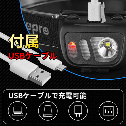 Lepro ヘッドライト 充電式 LED ヘッドランプ 防水 センサー付き 明るい ledヘッドライト 【白光＆赤光/5つ点灯モード/実用点灯20時間/60°角度調整可/USBケーブル付き】 夜釣り 登山 キャンプ 作業 頭につけるライト ジョギング ハイキング アウトドア 災害 停電対策 防災用 ヘッド ライト