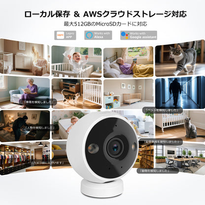 Lepro 見守りカメラ 防犯カメラ マグネット式 工事不要 300万画素 2K 室内監視カメラ ペット/赤ちゃん/高齢者介護 常時録画 SDカード/AWSクラウド 屋内玄関屋外倉庫の鉄製ゲート IP65防水 Wi-Fi Alexa対応 AI検知 カラー暗視 双方向通話 警報通知