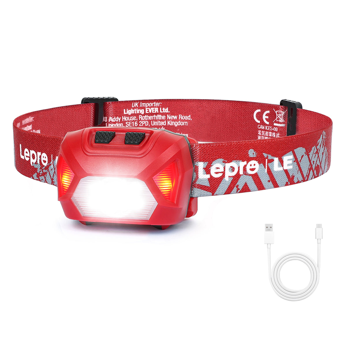 Lepro ヘッドライト 充電式 USB-C 高輝度300ルーメン LED ヘッドランプ  【スポット・ワイドビーム切替/赤色サブライト搭載/実用点灯4～15時間/IPX4防水】 夜釣り 最適 登山 キャンプ 散歩 作業 釣り アウトドア 災害 停電用 小型 軽量（レッド）