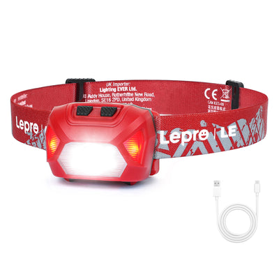 Lepro ヘッドライト 充電式 USB-C 高輝度300ルーメン LED ヘッドランプ 2個セット 【スポット・ワイドビーム切替/赤色サブライト搭載/実用点灯4～15時間/IPX4防水】 夜釣り 最適 登山 キャンプ 散歩 作業 釣り アウトドア 災害 停電用 小型 軽量（レッド）