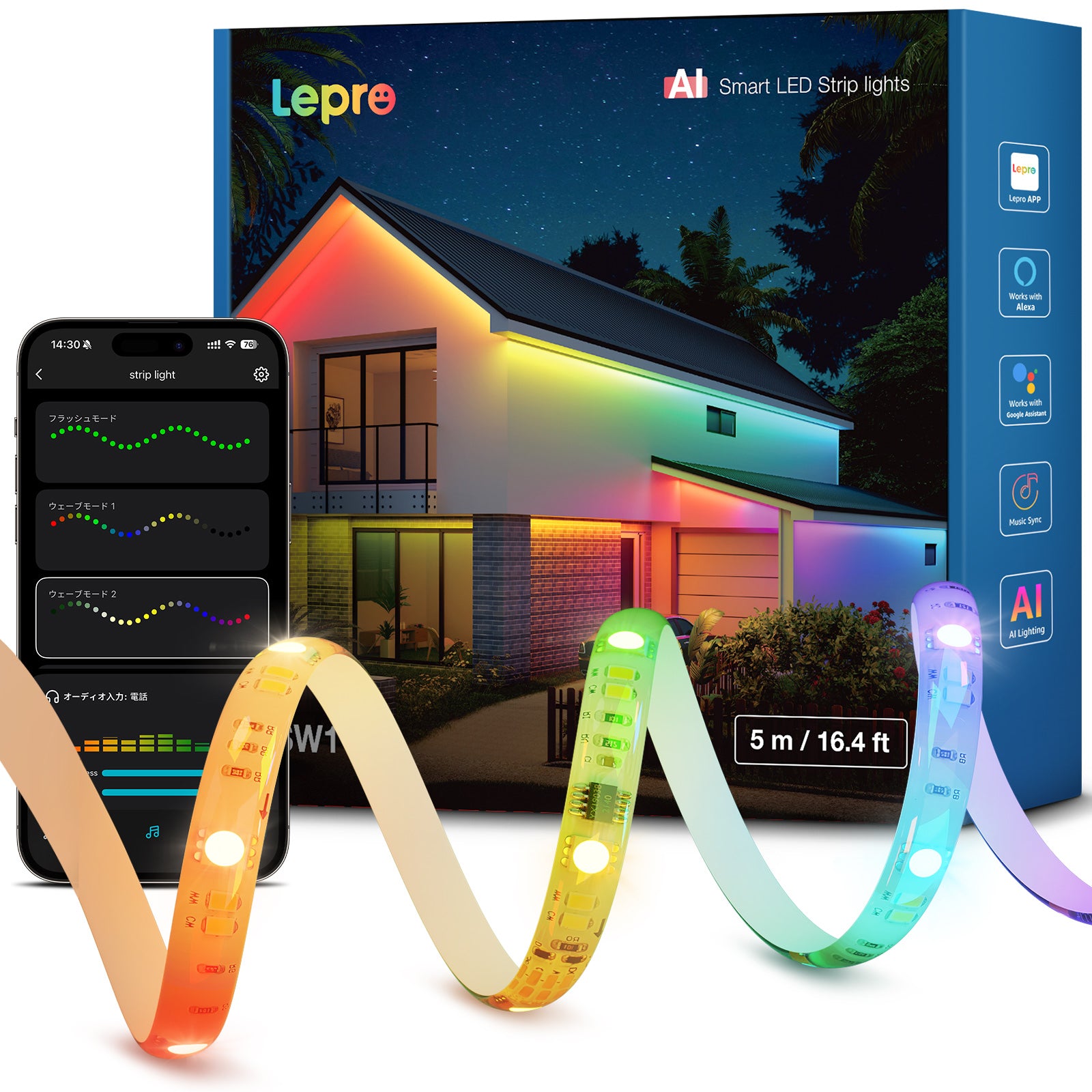 Lepro SW1 LEDテープライト 防水 屋内外 RGBCW＋IC 流れる光 29V プロ仕様 1600万色+電球色+昼白色 AI自動生成 WiFi/Alexa対応 音楽同期 3M社製 9495LE超強力粘着 10mm幅 25μm厚銅基板 PSE認証 高耐久 取付簡単 庭/店舗/看板/装飾【Leproアプリ アカウント登録要】