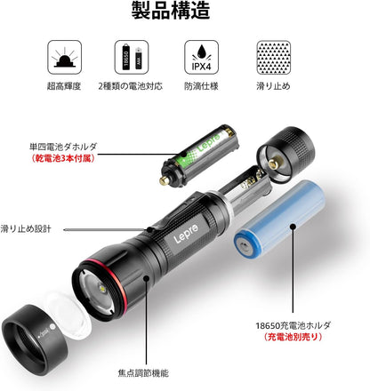 Lepro LED懐中電灯 フラッシュライト ハンディライト 強力 軍用 【LE2050/高輝度/18650と単四電池対応/ズーム式/5つ点灯モード/防滴/クリップ付き】電池式 防災 停電対策 緊急用 新型 軽量 キャンプ 登山 夜釣り (1個パック) [PR120028-JP]