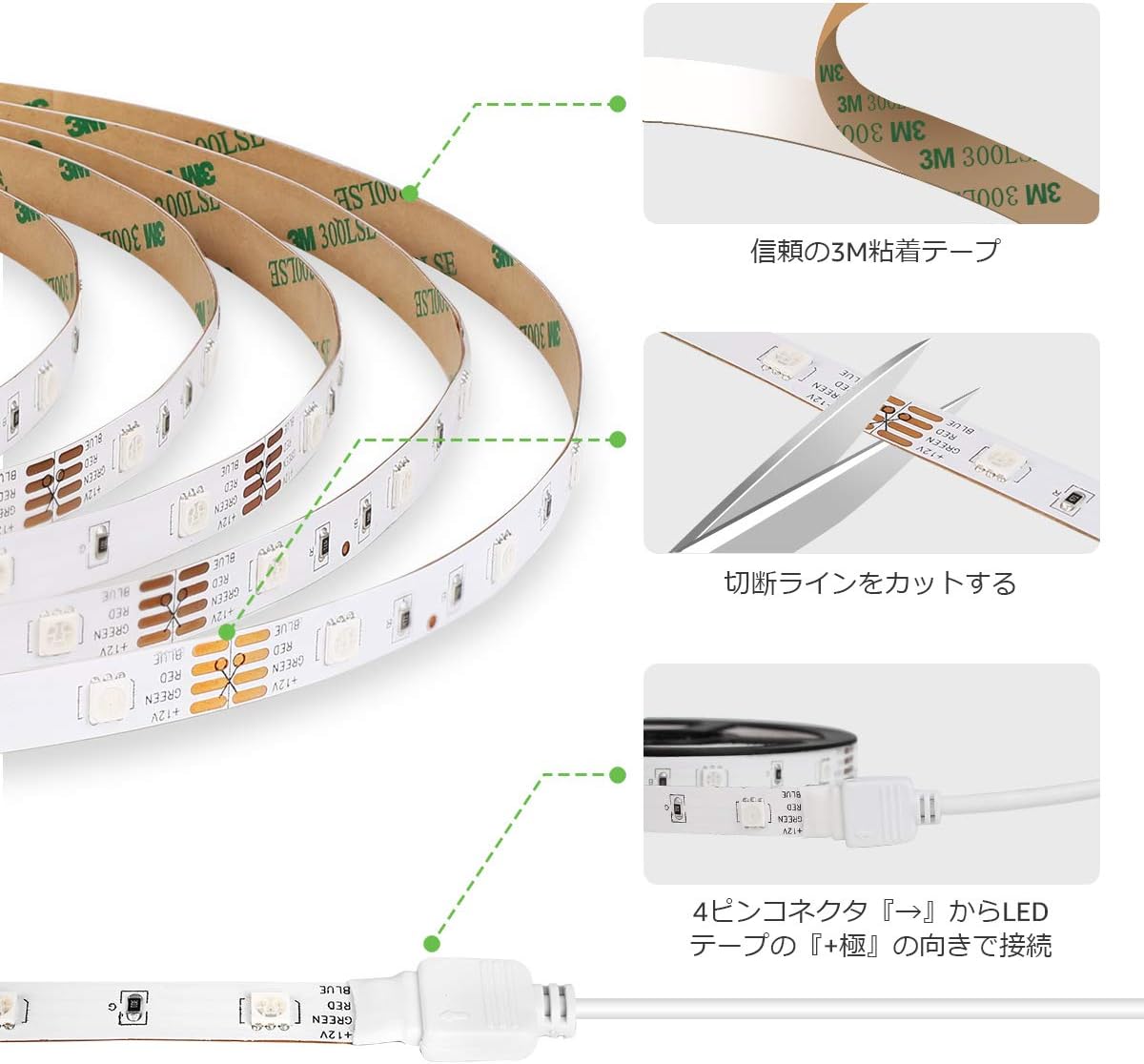 Lepro LEDテープライト ストリングライト キャビネットライト SMD 5050 両面テープ 10m (5m*2本) 300連 RGB 30leds/m 高輝度 44Kコントローラー 調光調色 切断可能 明るいライト 間接照明 12v電源 店舗 室内 廊下 カーテン キッチン キャビネット 装飾用