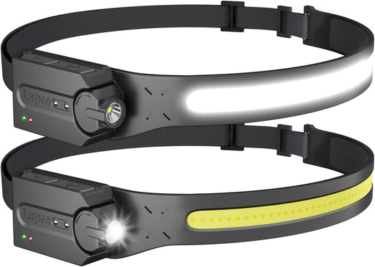 Lepro ヘッドライト 充電式 led ヘッドランプ センサー付き COB&XPE光源 ledヘッドライト 230°広角照明 防水 釣り ライト 登山 【350lm高輝度/実用点灯4-9時間/IP44防塵防水/XPE角度調整可/超軽量/集光・散光切替/4つ点灯モード/USB-Cケーブル付き】ヘルメット ライト 明るい 停電対応 防災用 散歩 作業（2個入り）