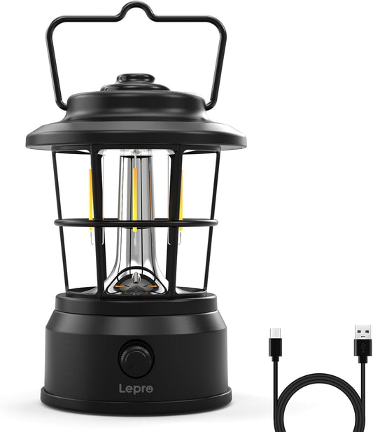 Lepro ランタン USB充電式 レトロ LEDランタン おしゃれ キャンプランタン アンティーク風 ソロキャンプ【高輝度/昼光色・電球色・昼白色切替/無段階調光】クラシカル らんたん アウトドア キャンプ 登山 夜釣り 防災 停電 緊急 非常用 ブラック [330047-BK]