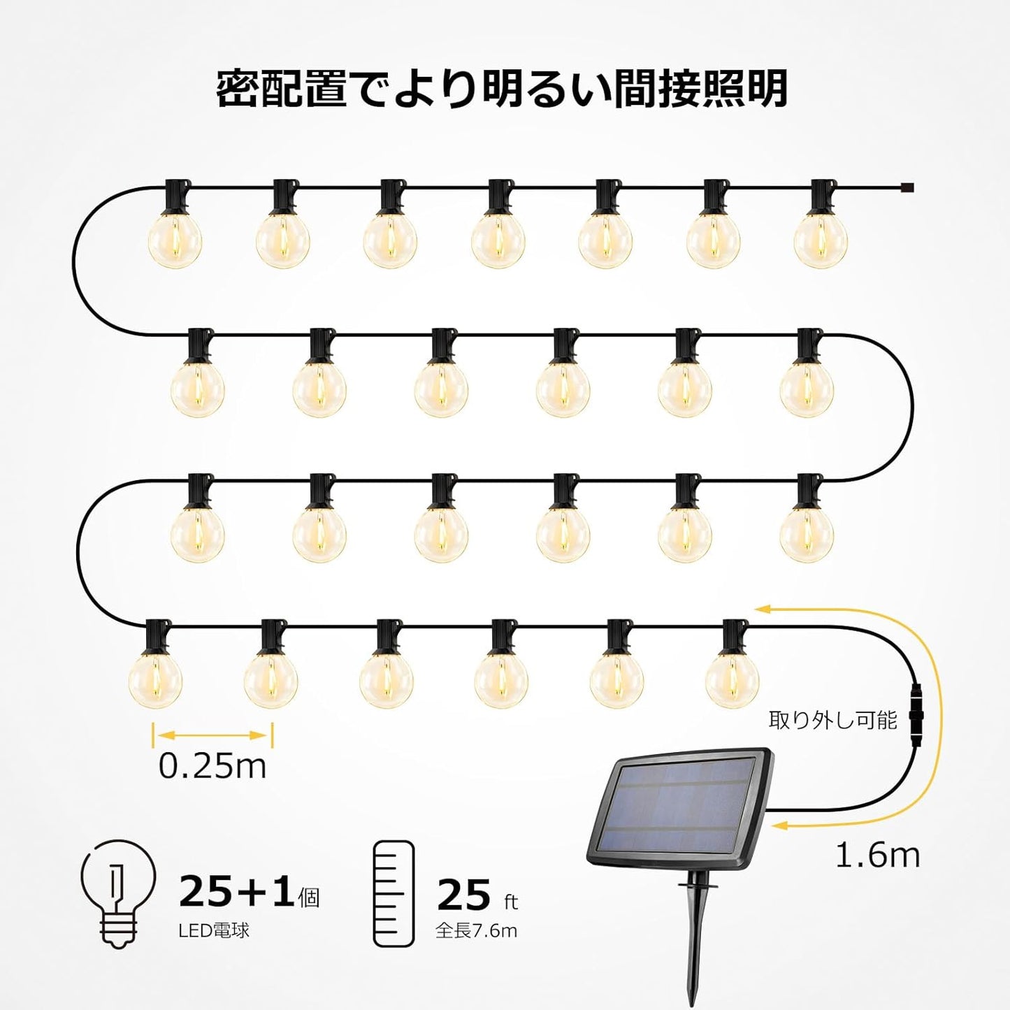 Lepro ソーラー LEDストリングライト 防雨 USB充電式 25ft 25球 G40 屋内/屋外 エジソン風 カフェ 庭 ガーデン ウェディング用 誕生日 パーティー電飾 祭り 商店街
