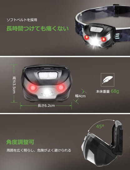 Lepro ヘッドライト 充電式 300lm高輝度 ledヘッドライト 釣り ヘッドランプ USB-C充電 防水 登山【5つ点灯モード/3時間満充電/実用点灯37時間/照射角度調整可/白＆赤 ledライト】高輝度 軽量 キャンプ 散歩 アウトドア 災害 停電用（2個入り）