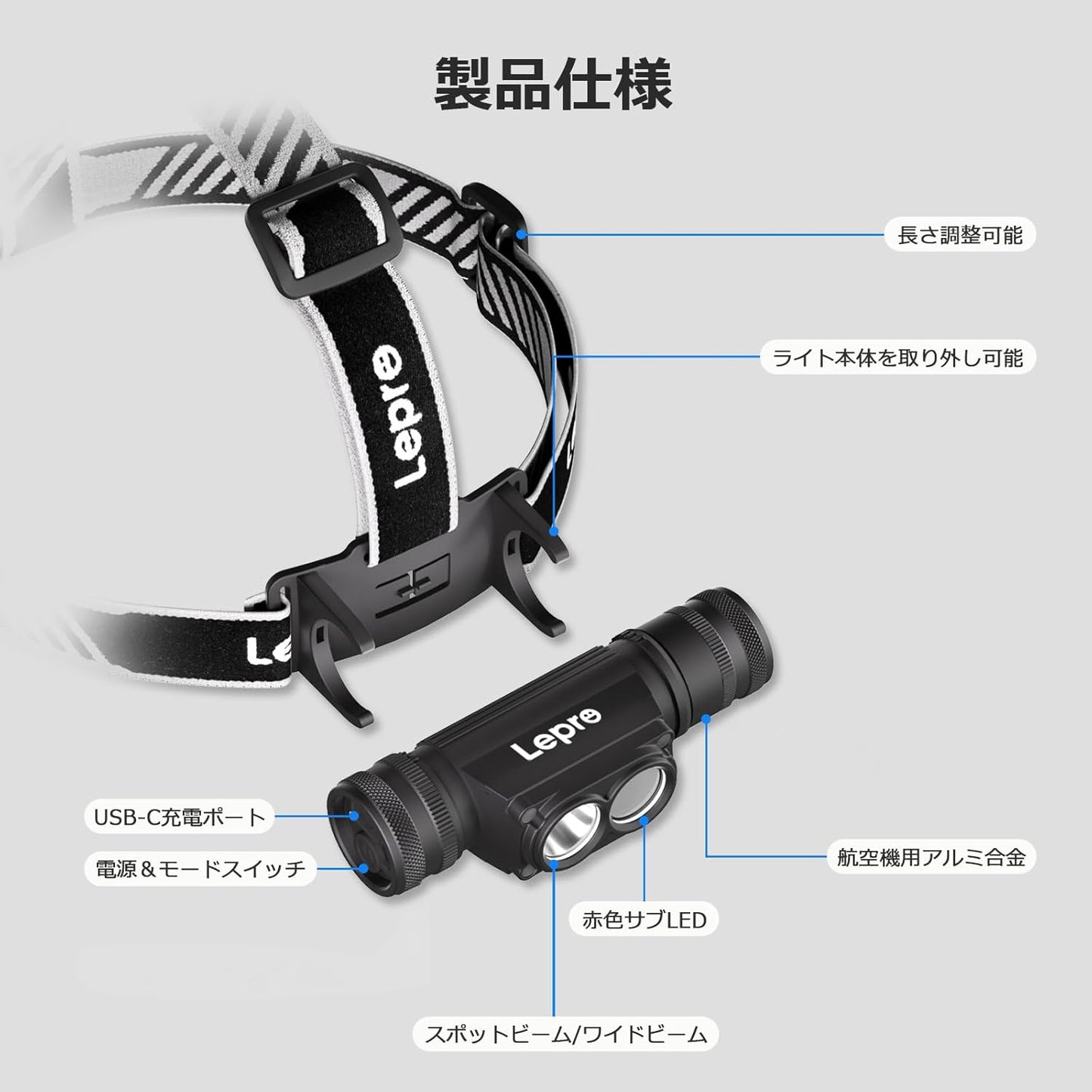 Lepro 充電式 ヘッドライト 600-1,000ルーメン 超高輝度 ledヘッドライト キャンプ 釣り 登山 【白光＆赤光/実用点灯14.5時間/IP65防塵防水/180°角度調整可/アルミ合金製/USB-C充電ケーブル付き】ハイキング ジョギング 作業 頭につけるライト 明るい 停電対応 防災用 LED ヘッドランプ