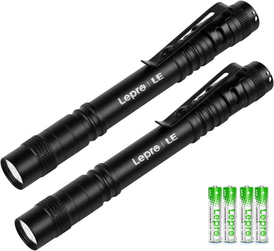 Lepro LED 懐中電灯 小型 ペンライト 2個セット 【高輝度/明るさ120ルーメン/3段階調光/電池式/防水/アルミ合金製/高耐久】 クリップ付き 携帯便利 作業 防災 ライト ハンディライト 単四電池付き（充電池対応不可） 2個入 [120023-2]