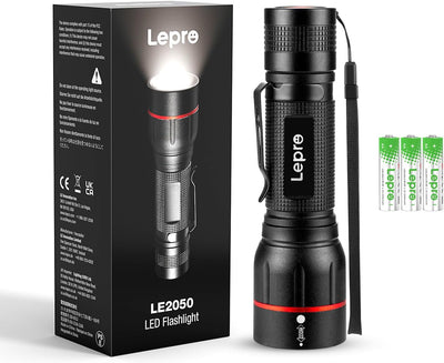 Lepro LED懐中電灯 フラッシュライト ハンディライト 強力 軍用 【LE2050/高輝度/18650と単四電池対応/ズーム式/5つ点灯モード/防滴/クリップ付き】電池式 防災 停電対策 緊急用 新型 軽量 キャンプ 登山 夜釣り (1個パック) [PR120028-JP]