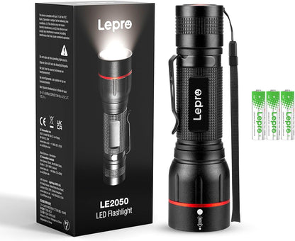 Lepro LED懐中電灯 フラッシュライト ハンディライト 強力 軍用 【LE2050/高輝度/18650と単四電池対応/ズーム式/5つ点灯モード/防滴/クリップ付き】電池式 防災 停電対策 緊急用 新型 軽量 キャンプ 登山 夜釣り (1個パック) [PR120028-JP]