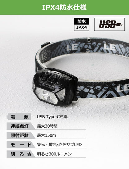 ヘッドライト 充電式 USB-C 高輝度 300ルーメン LEDヘッドランプ 2個セット 【スポット・ワイド切替/赤色ライト搭載/実用点灯4～15時間/IPX4防水】登山 小型 軽量 美容自撮補光