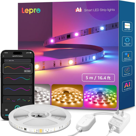 Lepro S2 AI ledテープライト RGBCW+IC 5m AI照明デザイナー アレクサ対応 RGB+電球色+昼白色 クリスマス 1600万色 流れるテープ 切断可能 虹色 アドレサブル Alexa/Google Home対応 音楽同期 間接照明 スマート テープライト Wi-Fi Bluetoothに対応 両面テープ付 DIY 【Leproアプリ アカウント登録要】[S2-5-JP]