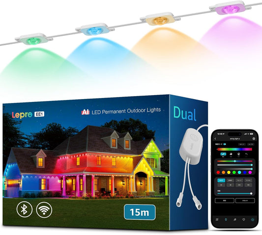 Lepro EE1 AI イルミネーション ライト 屋外 LED ストリングライト スポットライト DIY 流れるテープライト 常設 30灯 15m スマート RGB 各ライト20lm APPコントロール クリスマス/ハロウィン 軒下 屋内 RGB 虹色 Alexa&Google Home対応/WIFI&BlueTooth接続 IP65 リモコンなし 「Leproアプリ登録要」