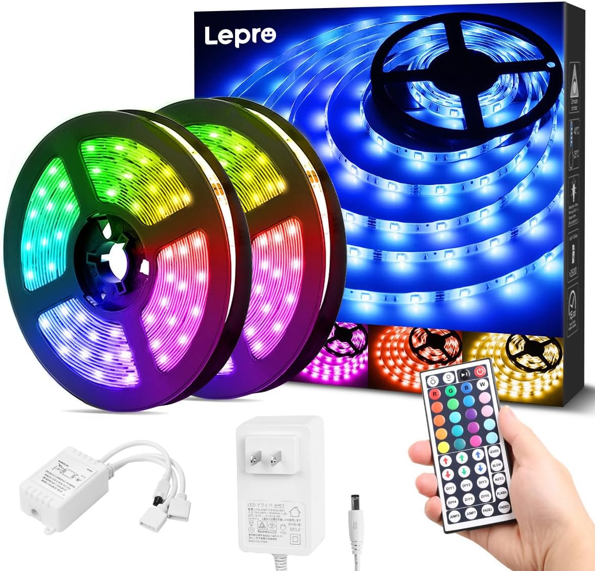 Lepro LEDテープライト ストリングライト 15m (7.5m*2本) 450連 SMD 5050 テープled キャビネットライト 屋内用 RGB 30leds/m 高輝度 44キーリモコン 調光調色 ledテープ 切断可能 取付簡単 3M社製両面テープ 明るいライト 間接照明 12v電源 キャビネット 廊下 キッチン 店 室内装飾用 テープ ライト