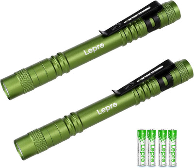 Lepro LED 懐中電灯 小型 ペンライト 2個セット 【高輝度/明るさ120ルーメン/3段階調光/電池式/防水/アルミ合金製/高耐久】 クリップ付き 携帯便利 作業 防災 ライト ハンディライト 単四電池付き（充電池対応不可） 2個入 グリーン[120023L-GN-2]