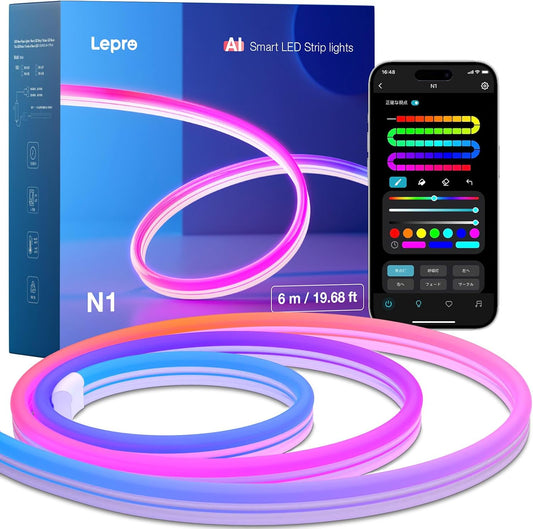 Lepro N1 AI ledネオンライト チューブライト 6m AI照明デザイナー スマート テープライト クリスマス 音楽同期 MagicColor 流れる Alexa/Google Home対応 WIFI/Bluetoothコントロール ネオンサイン 虹色 アドレサブル おしゃれ RGB 調光調色 クリスマス 間接照明 ネオン管 LLM 【Leproアプリ アカウント登録要】