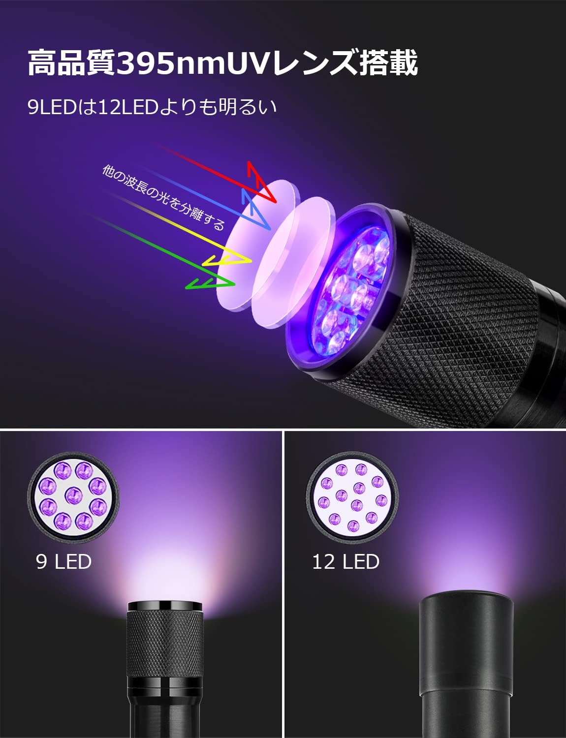 ブラックライト uvライト 紫外線ライト led UVライト レジン用 硬化ライト 紫外線 ライト IPX4防水 アルミ製 高耐久 ハンディ ブラック ライト uvレジン 懐中電灯 単4形電池付属 ペットのオシッコ汚れ対策に 62g超軽量 uvライト 釣り 2個セット (ブラック)