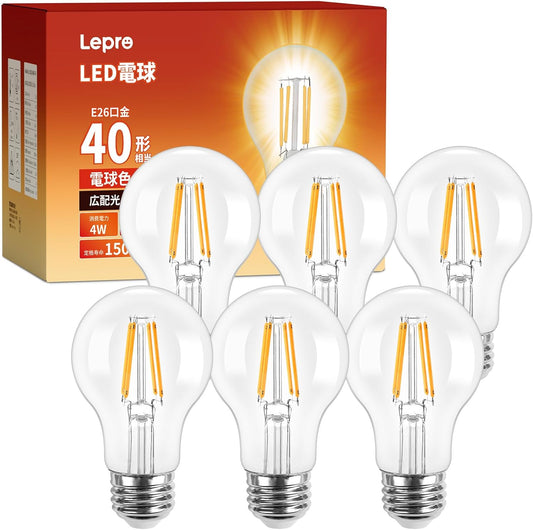 【E26】Lepro led電球 e26 led 電球色 40W形 6個入り フィラメント 2700K 一般電球形 全方向 470lm エジソン電球 クリアタイプ 非調光 省エネ PSE認証済み シーリング ペンダント スタンド ブラケットなど適用 インテリア 玄関 階段 廊下 リビング ダイニング 店舗 レストラン