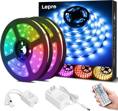 Lepro LEDテープライト 20m (10m*2本) 600連 SMD 5050 テープled 屋内用 RGB 30leds/m 高輝度 44キーリモコン 明るさ調節 鮮やか ledテープ 切断可能 取付簡単 3M社製両面テープ 明るいライト 間接照明 12v電源 天井 廊下 キッチン 店 室内装飾用 テープ ライト 非防水