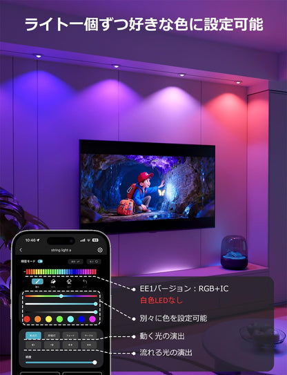 Lepro EE1 AI ストリングライト LED イルミネーション スポットライト 防水 60灯 30m RGB DIY 常設型 IP65 家の外壁・軒下・フェンス・庭・クリスマス飾り APP操作 室内 虹色 各ライト20lm 流れるテープ Alexa&Google Home音声操作可能 WIFI&Bluetooth接続 リモコンなし/2.4GHz WiFi接続 「Leproアプリ登録要」