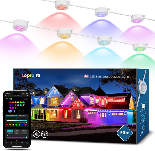 Lepro E1 AI ledストリングライト 60灯 30.6m AI照明デザイナー RGBCW＋IC+昼光色＋電球色 クリスマス 1600万色 調光調色 Alexa/Google Home対応 音楽同期 スマート スポットライト WiFi/Bluetooth対応 虹色 アドレサブル 間接照明 軒先 庭 3M両面テープ付 DIY 防水型【Leproアプリ アカウント登録要】[E1-60-JP]
