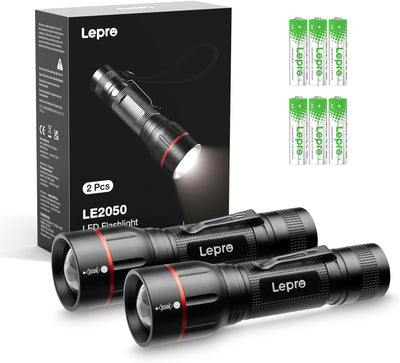 Lepro LED懐中電灯 フラッシュライト ハンディライト 強力 軍用 【LE2050/高輝度/18650と単四電池対応/ズーム式/5種類点灯モード/防滴/クリップ付き】電池式 防災 停電対策 緊急用 新型 軽量 キャンプ 登山 夜釣り (2個パック) [PR120028-JP-2]