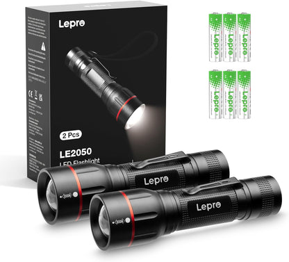 Lepro LED懐中電灯 フラッシュライト ハンディライト 強力 軍用 【LE2050/高輝度/18650と単四電池対応/ズーム式/5種類点灯モード/防滴/クリップ付き】電池式 防災 停電対策 緊急用 新型 軽量 キャンプ 登山 夜釣り (2個パック) [PR120028-JP-2]