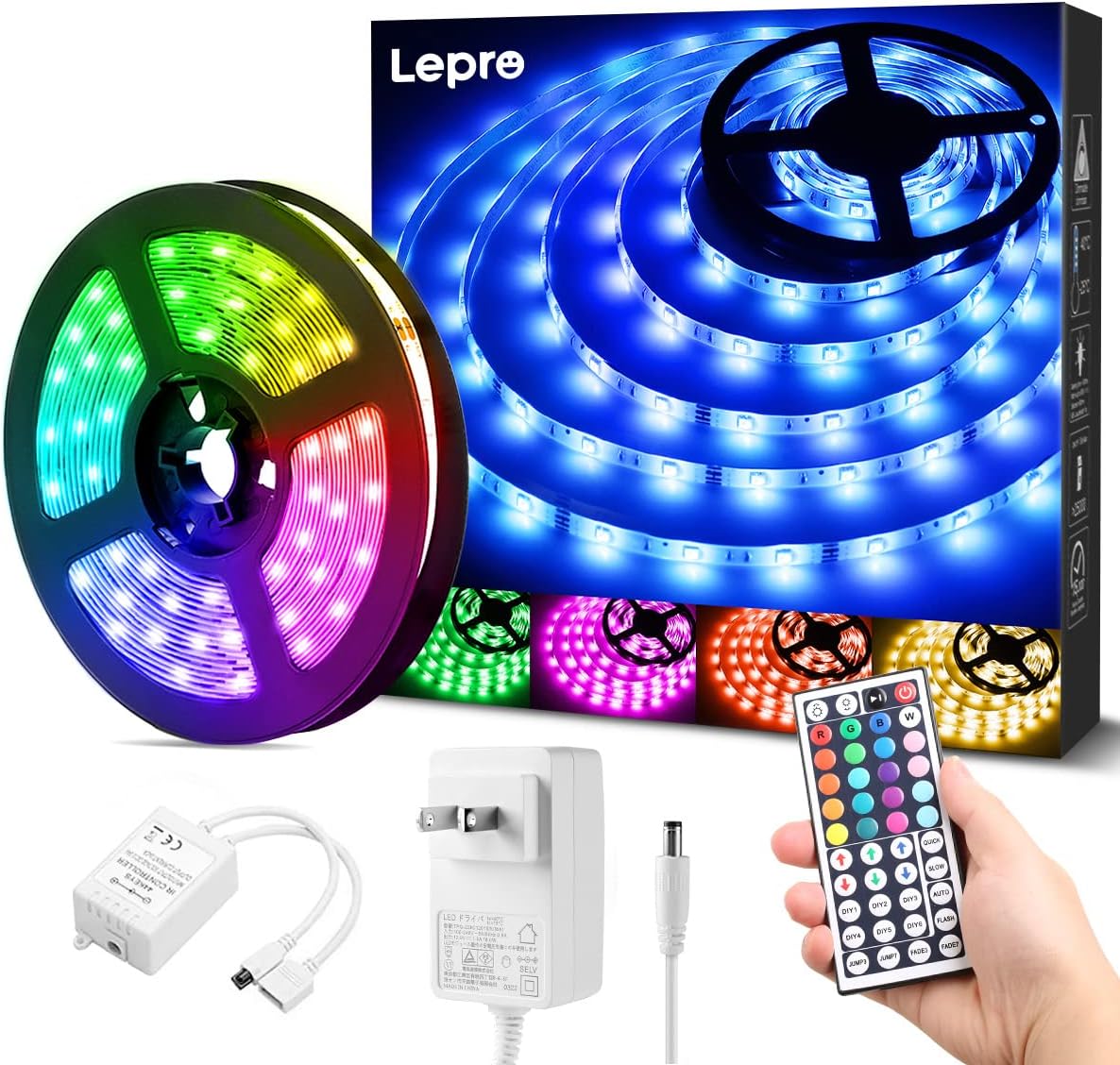 Lepro LEDテープライト 防水 RGB 5m 150連 SMD5050 DIY マルチカラー 間接照明 44キーリモコン 調光調色 両面テープ カット可能 取付簡単 看板 天井 棚下 コレクション ゲーム室 装飾用 2年間保証付き
