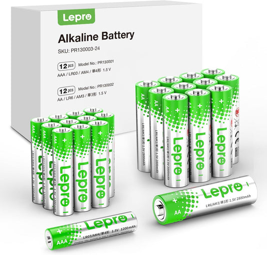 Lepro アルカリ乾電池 24本セット（単3形12本＋単4形12本） ハイパワー 1.5V 2800mAh大容量 液漏れ防止 耐久 長持ち 長期間保存可能 乾電池式モバイルバッテリー おもちゃ 電池式ランタン 懐中電灯 時計 リモコン 携帯ラジオ 防災用 [PR130003-24]