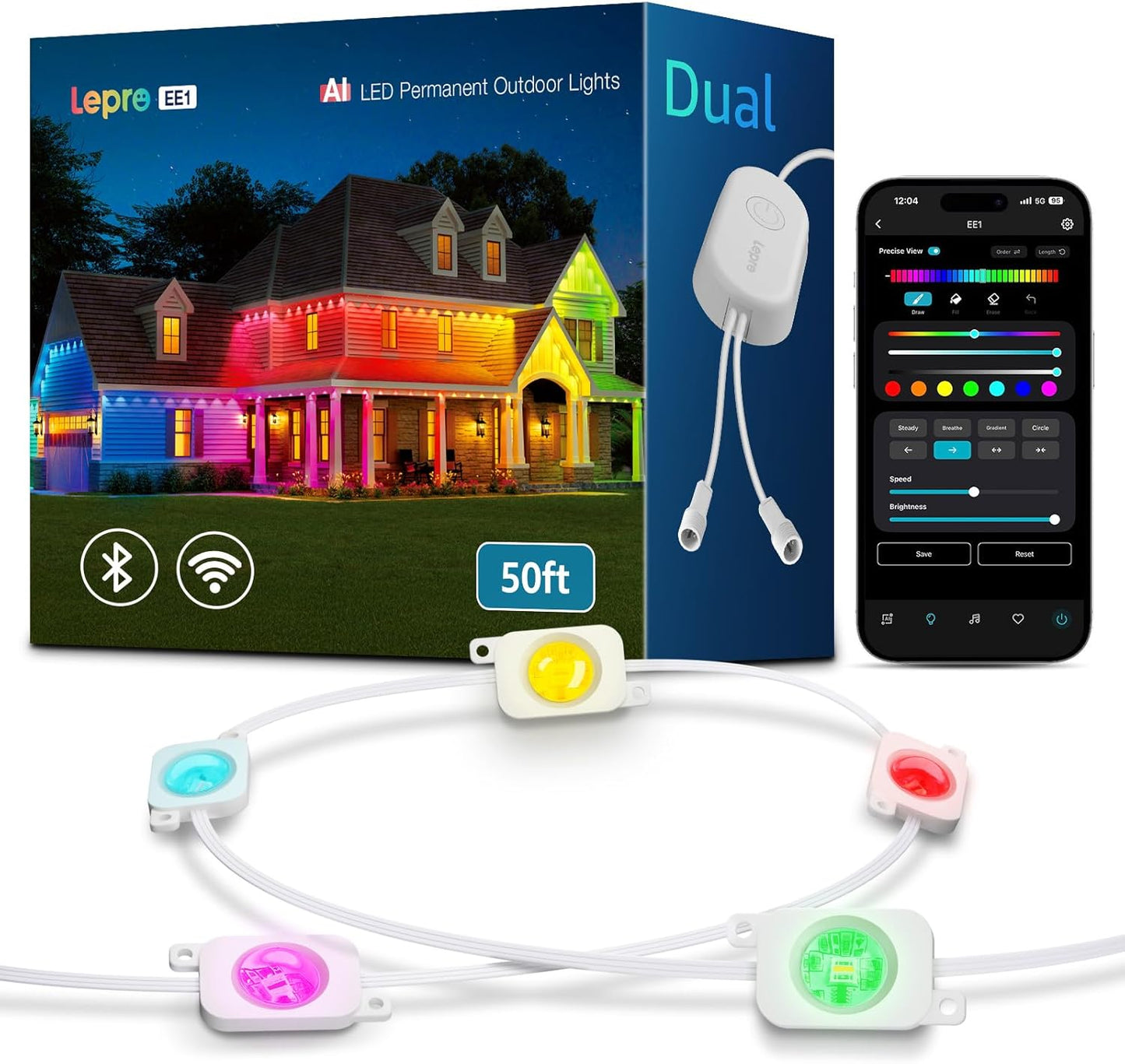 Lepro EE1 AI イルミネーション ライト 屋外 LED ストリングライト スポットライト DIY 流れるテープライト 常設 30灯 15m スマート RGB 各ライト20lm APPコントロール クリスマス/ハロウィン 軒下 屋内 RGB 虹色 Alexa&Google Home対応/WIFI&BlueTooth接続 IP65 リモコンなし 「Leproアプリ登録要」