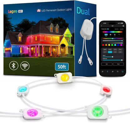 Lepro EE1 AI イルミネーション ライト 屋外 LED ストリングライト スポットライト DIY 流れるテープライト 常設 30灯 15m スマート RGB 各ライト20lm APPコントロール クリスマス/ハロウィン 軒下 屋内 RGB 虹色 Alexa&Google Home対応/WIFI&BlueTooth接続 IP65 リモコンなし 「Leproアプリ登録要」