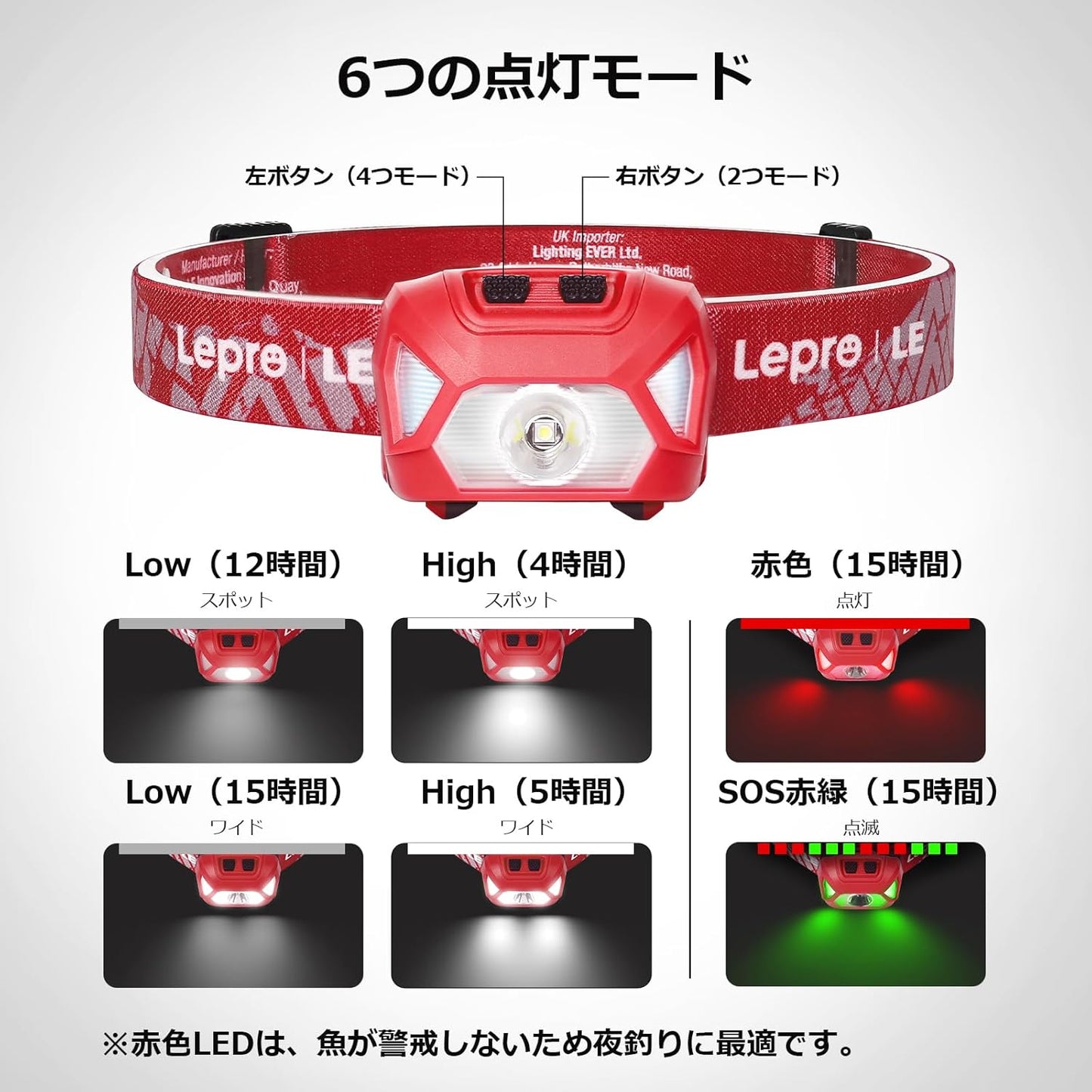 Lepro ヘッドライト 充電式 USB-C 高輝度300ルーメン LED ヘッドランプ 2個セット 【スポット・ワイドビーム切替/赤色サブライト搭載/実用点灯4～15時間/IPX4防水】 夜釣り 最適 登山 キャンプ 散歩 作業 釣り アウトドア 災害 停電用 小型 軽量（レッド）