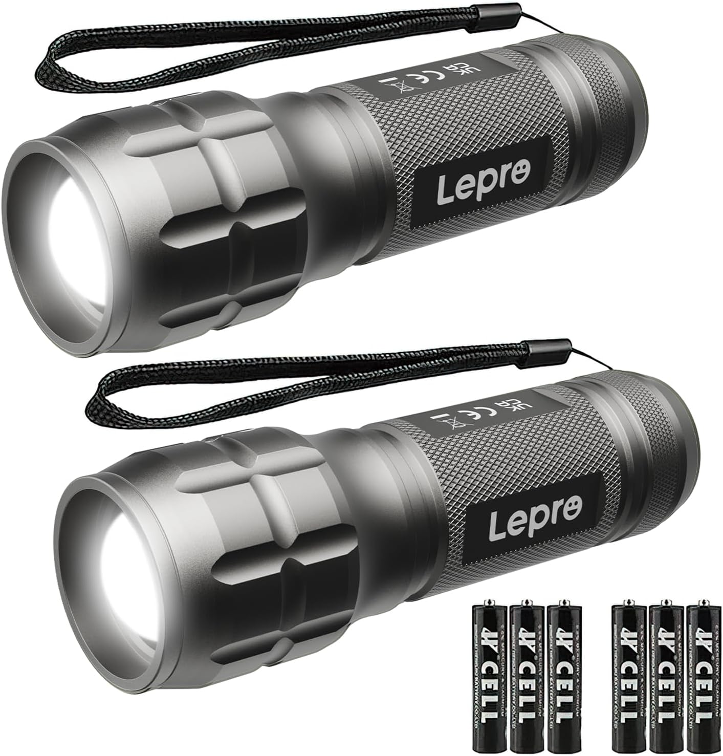 LED 懐中電灯 フラッシュライト ハンディライト 高輝度チップ搭載 ズーム調節 軽量 小型 電池式 単四電池付き 防災 停電対策 緊急用 キャンプ 登山 夜釣り グレー 2個入り (1200012-A-2)