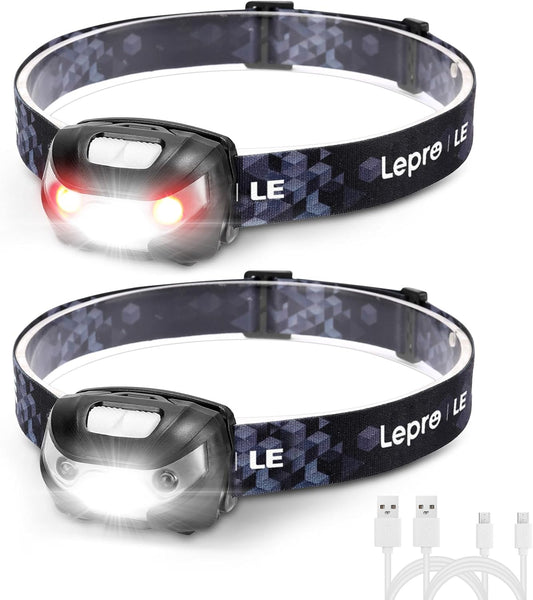 Lepro ヘッドライト 充電式 300lm高輝度 ledヘッドライト 釣り ヘッドランプ USB-C充電 防水 登山【5つ点灯モード/3時間満充電/実用点灯37時間/照射角度調整可/白＆赤 ledライト】高輝度 軽量 キャンプ 散歩 アウトドア 災害 停電用（2個入り）