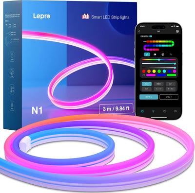Lepro N1 AI ledネオンライト チューブライト 3m AI照明デザイナー スマート テープライト クリスマス 音楽同期 MagicColor 流れる Alexa/Google Home対応 WIFI/Bluetoothコントロール ネオンサイン 虹色 アドレサブル おしゃれ RGB 調光調色 クリスマス 間接照明 ネオン管 LLM 【Leproアプリ アカウント登録要】