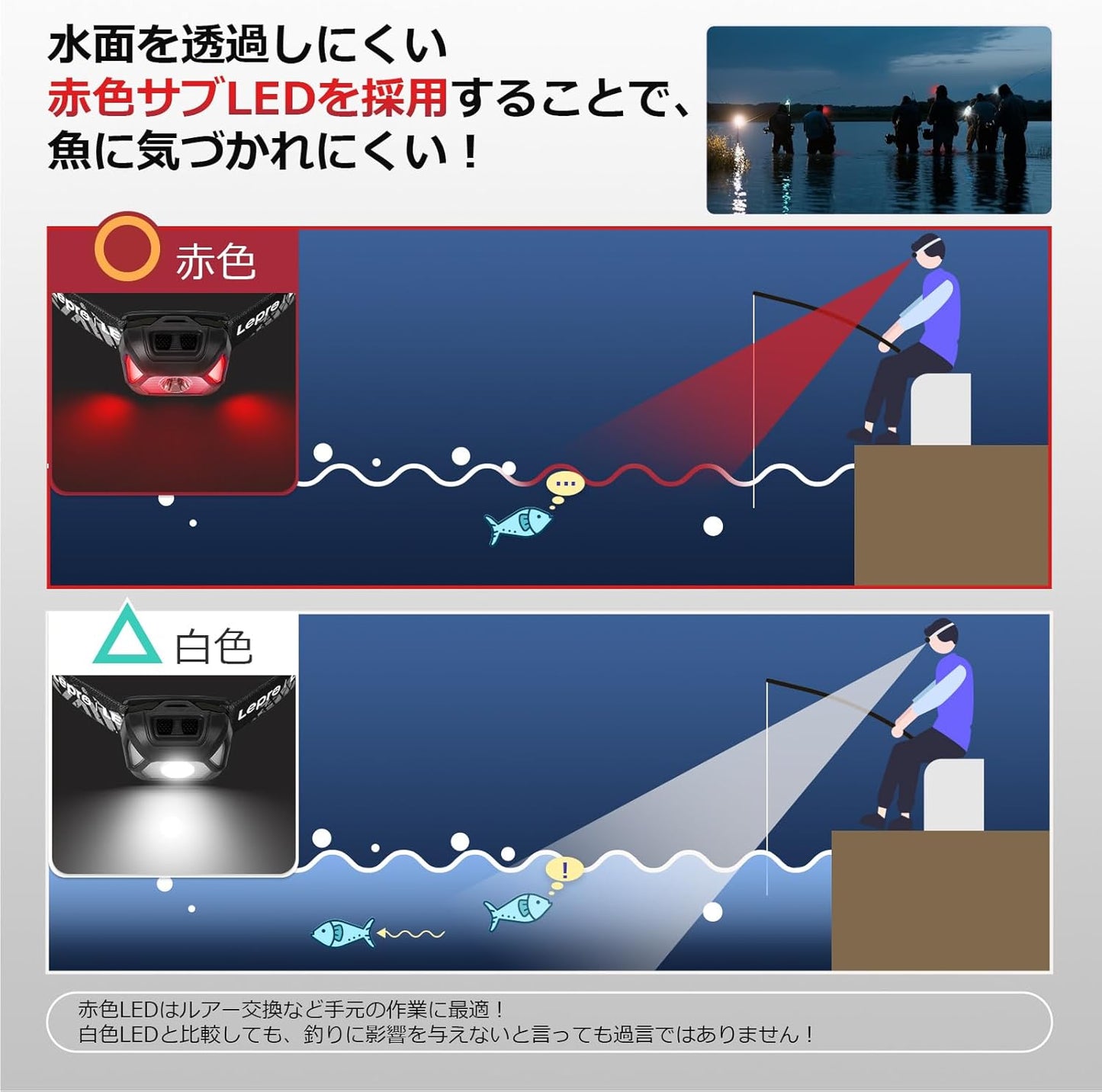 Lepro ヘッドライト 電池式 LED ヘッドランプ 高輝度 ledヘッドライト 6種点灯モード 単4形電池対応【赤＆白ライト/スポット・ワイドLED搭載/SOS点滅/実用点灯22時間/IPX4防水/角度調整可/CE ROHS認証済み】 釣り 登山 キャンプ アウトドア 災害 停電用 散歩 作業 小型 夜釣りに最適 ヘッド ライト（ブラック）