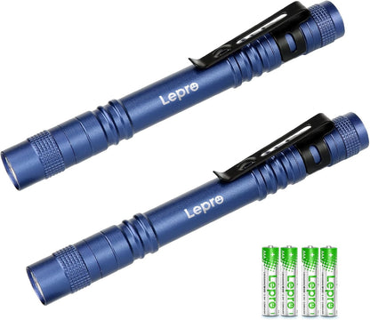 Lepro LED 懐中電灯 小型 ペンライト 2個セット 【高輝度/明るさ120ルーメン/3段階調光/電池式/防水/アルミ合金製/高耐久】 クリップ付き 携帯便利 作業 防災 ライト ハンディライト 単四電池付き（充電池対応不可） 2個入 ブルー[120023L-BU-2]