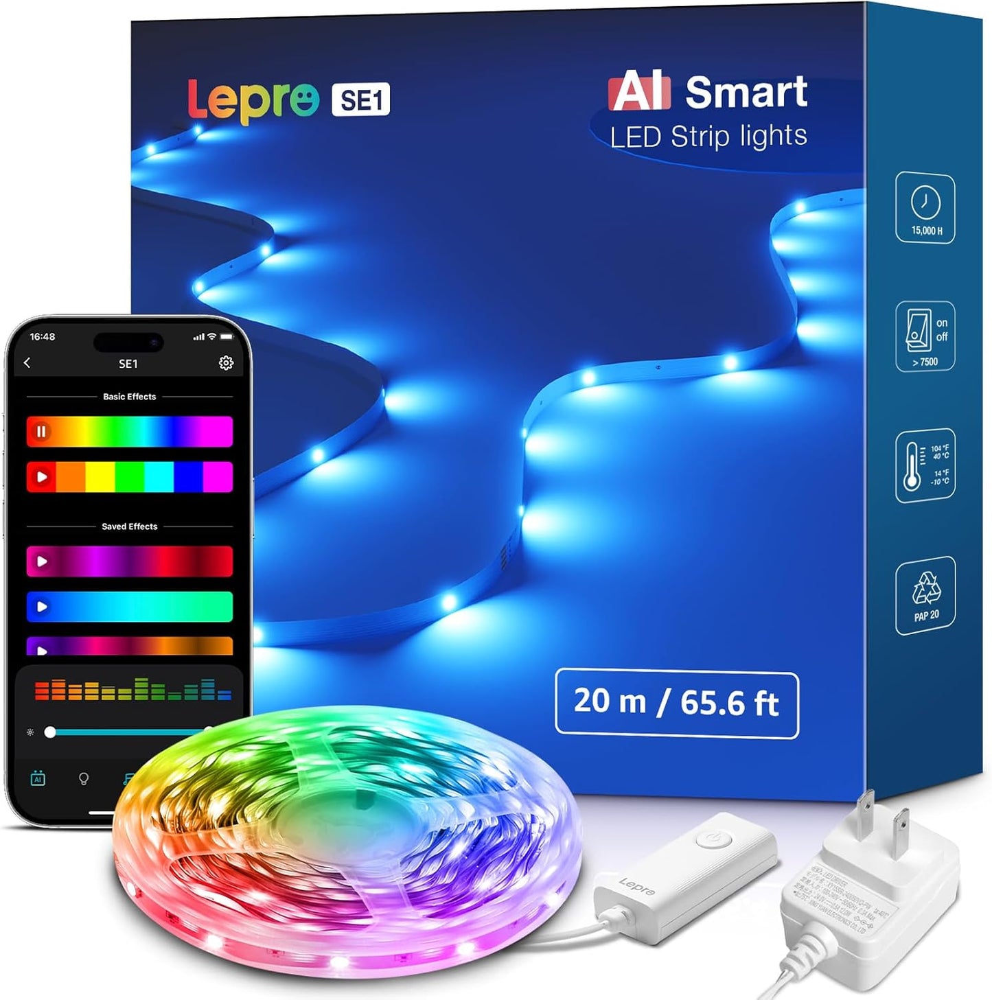 【Compatible with Alexa認定】Lepro AI LEDテープライト 20m RGB 調光調色 マルチカラー 1600万色 Alexa/Google Home対応 スマートLEDテープライト 音楽同期 Wi-Fi & Bluetooth 間接照明 切断可能 ハロウィン クリスマス パーティー飾り【Leproアプリ アカウント登録要】